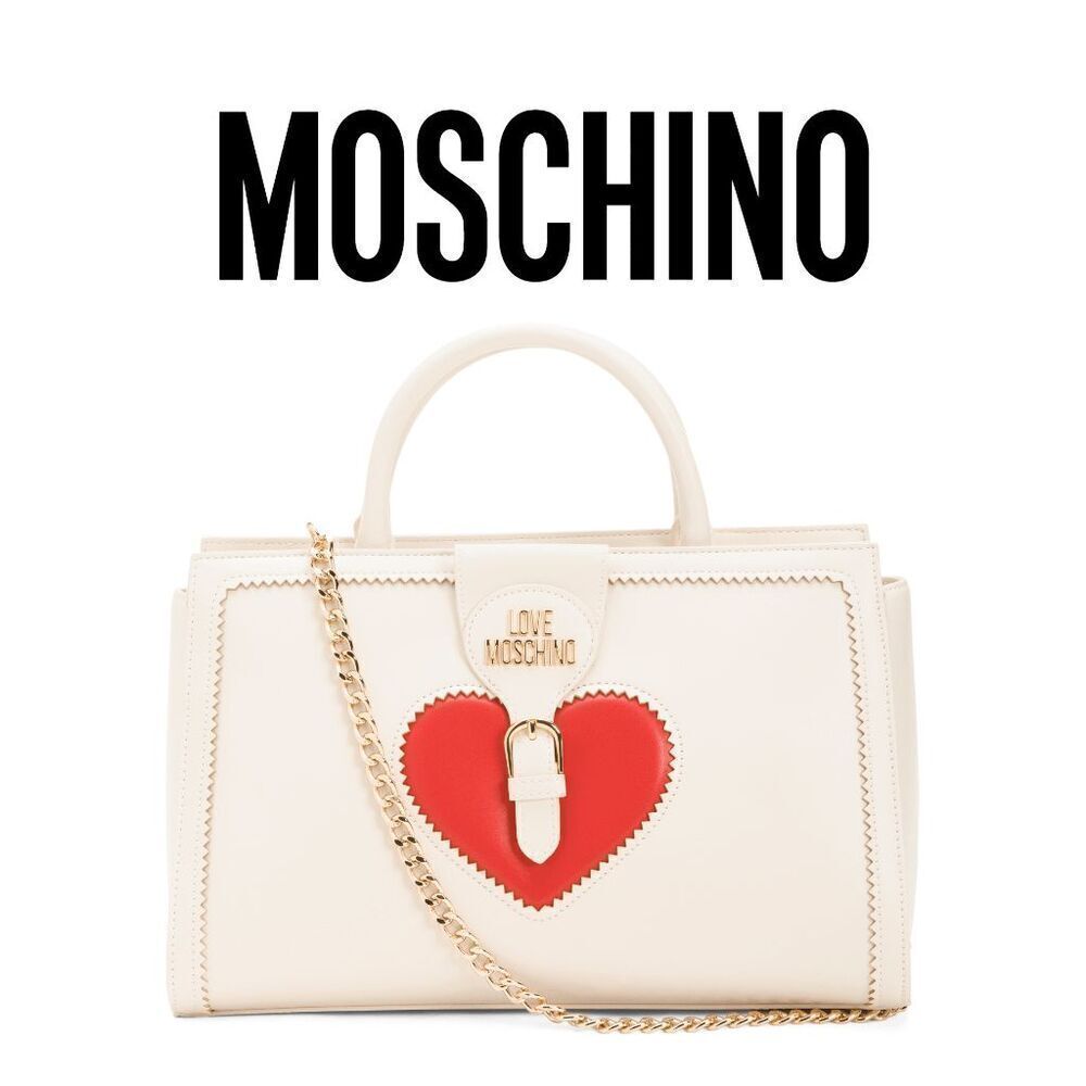 NWT LOVE MOSCHINO Red Heart Beige Satchel Shoulder Handbag MSRP $455